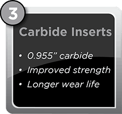 "Carbide Inserts. 0.955 inch carbide. Improved strength. Longer wear life"
